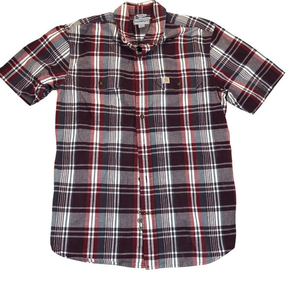 Carhartt Mens Shirt Medium Relaxed Fit Short Sleeve Button Up Red Plaid Casual - Picture 1 of 9
